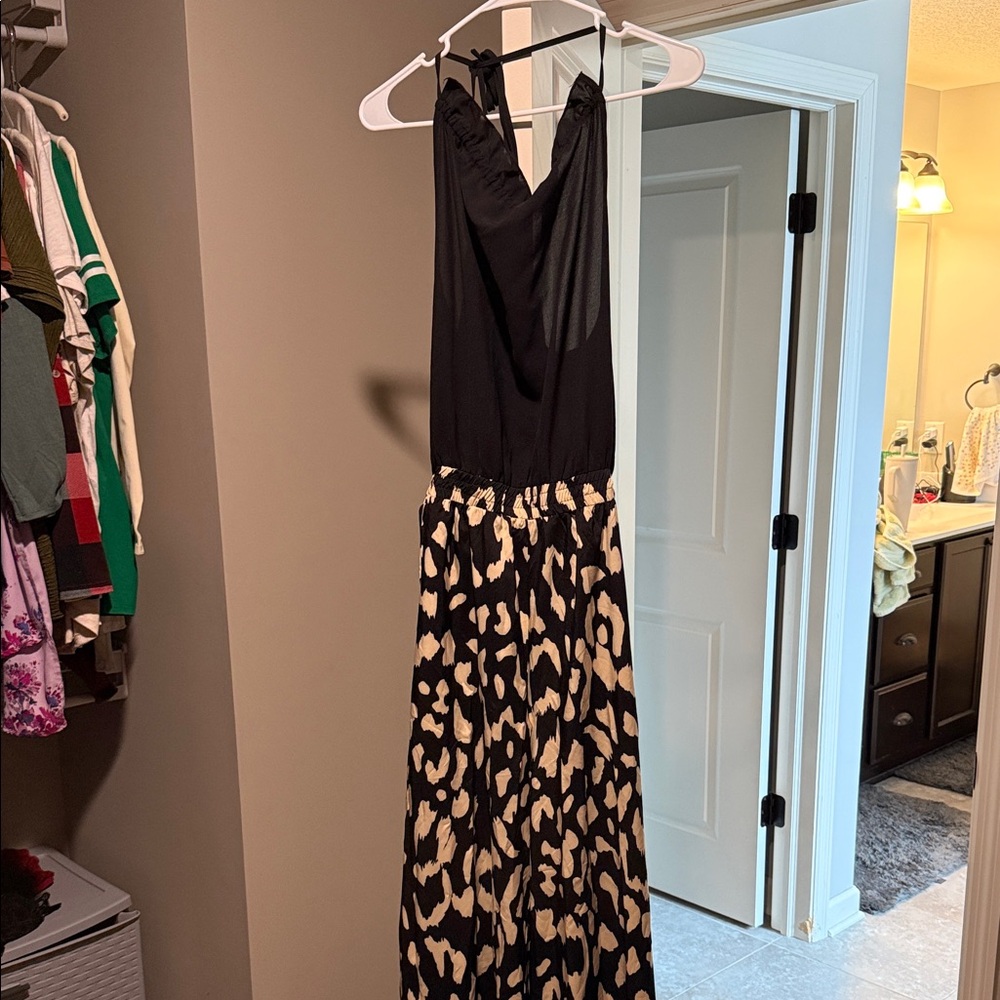 Black Halter Maxi Dress with Beige Leopard Skirt